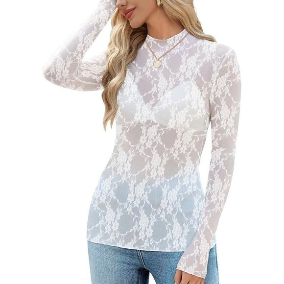 Women White Long Sleeve Mesh Top See Through Mock Neck Sheer Blouses - Picture 2 of 6